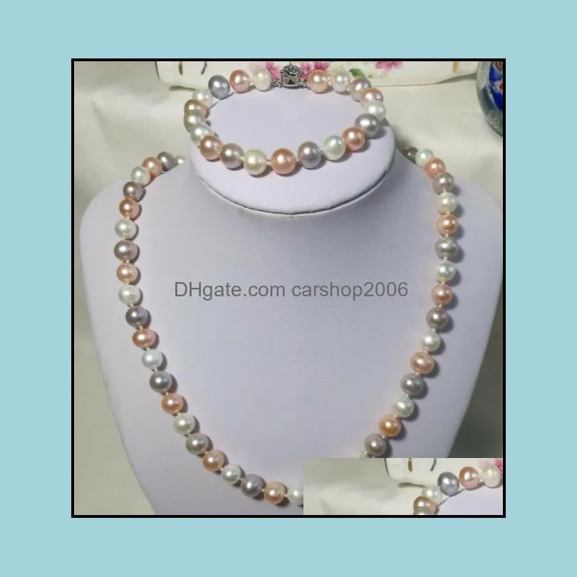 8-9mm Mixed Colors Natural Pearl Beaded Necklace+ Bracelet 925 Silver Clasp Women`s Gift Jewelry