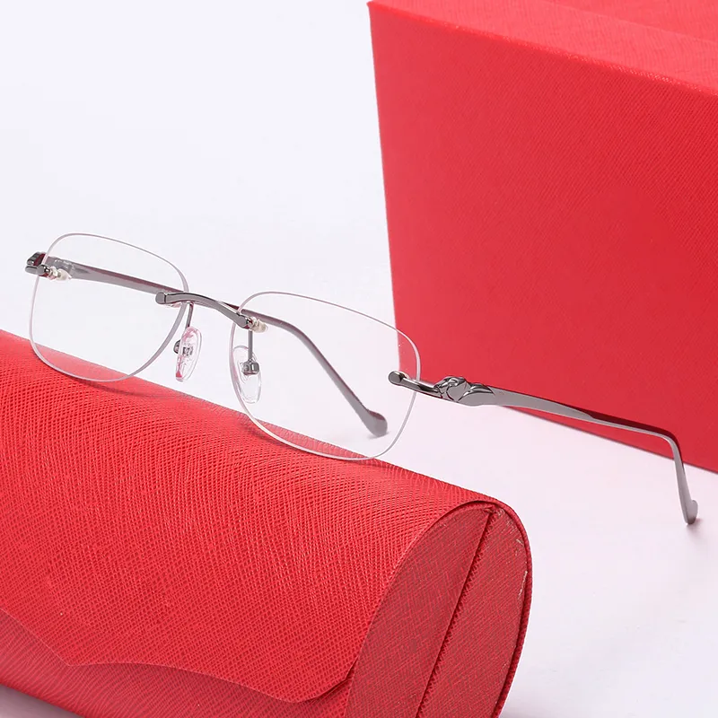 Tasarımcı güneş gözlükleri panter gözlük çerçevesi metal yüksek kaliteli UV400 rimless berrak lens erkekler için dikdörtgen şekil