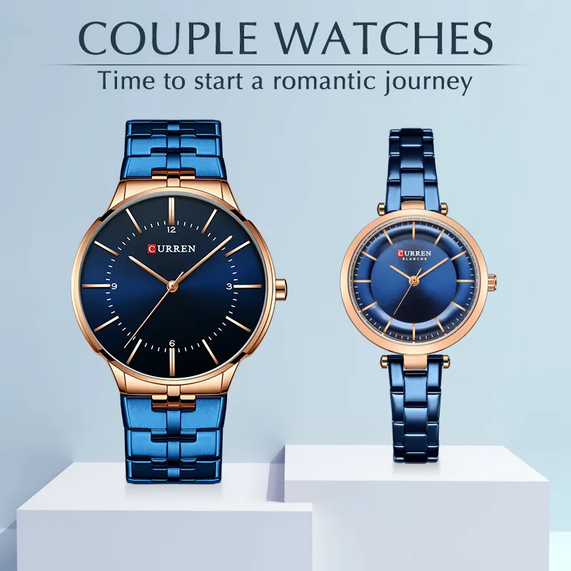 Curren Top Brand Luxury Mujeres Hombres Pareja Reloj Impermeable Amante de acero inoxidable Reloj de pulsera Vestido Reloj de cuarzo Conjunto de regalo para la venta 210517