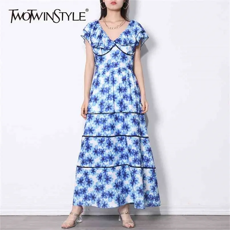 Blue Print Patchwork Dress For Women Slash Neck Butterfly Sleeve High Waist Midi Hit Color Dresses Female 210520
