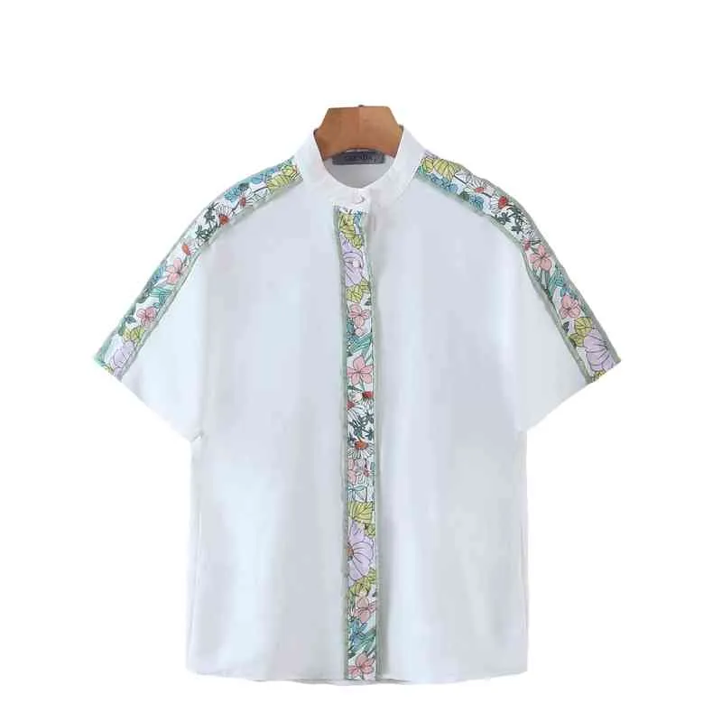 Tatlı Kadınlar Çiçek Baskı Çizgili Gömlek Moda Bayanlar O-Boyun Şifon Zarif Kadın Chic Patchwork Bluzlar Tops 210430