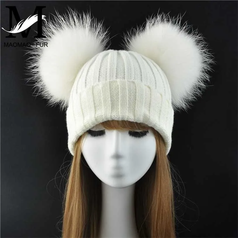 Winter Real Fur Ball Beanie Hat for Women Ladies Fluffy Double Natural Raccoon Pom Skullies With 2 Pompom 211229