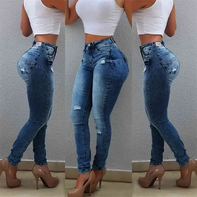 Sexy taille haute Jeans Femme Peach Push Up Hip Skinny Denim Pant Boyfriend Jean Pour Femmes Leggings Élastiques bleu Ripped jeans D30 210322