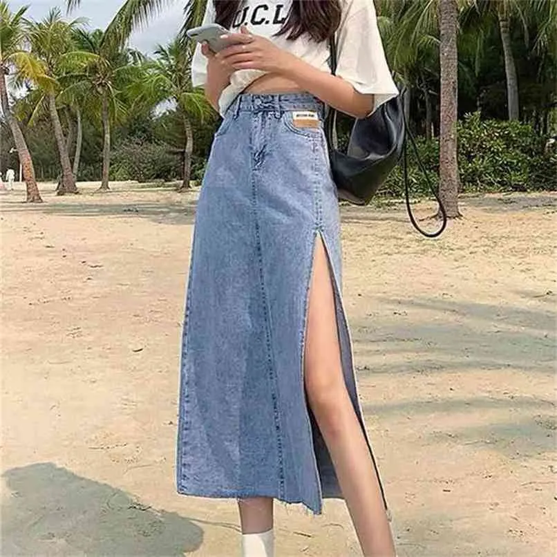 Hem Tek Yarık Fermuar A-Line kadın Yaz Demin Etek Büyük Boy Streetwear Rahat Etekler Yüksek Bel Genç Stil 210619