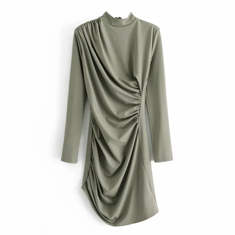 Femmes asymétrique plissé robe à tricoter femme col montant à manches longues vêtements décontracté dame mince Vestido D7013 210430