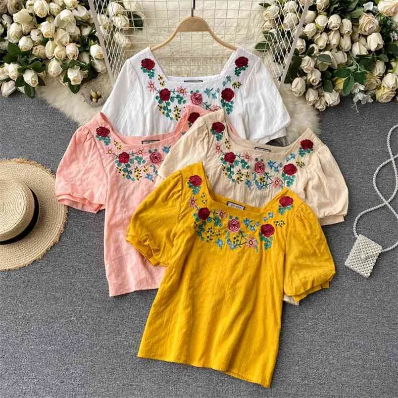 Estilo Étnico Bordado Flores Blusa Moda De Mujer Cuello Cuadrado