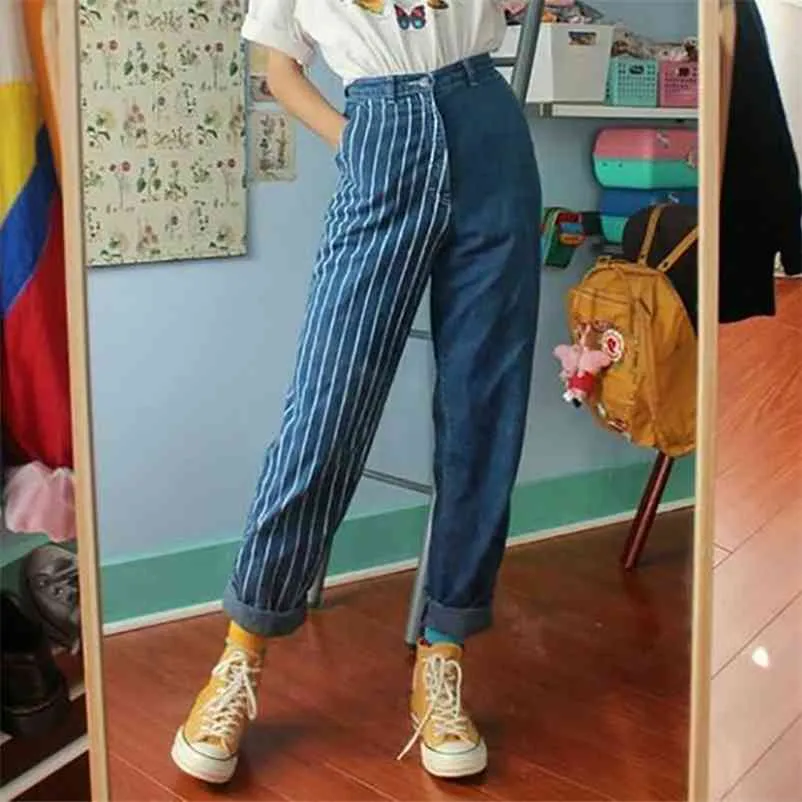 Vintage striped Women's jeans trousers straight high waist denim fabric blue female pants casual chic girl 210629