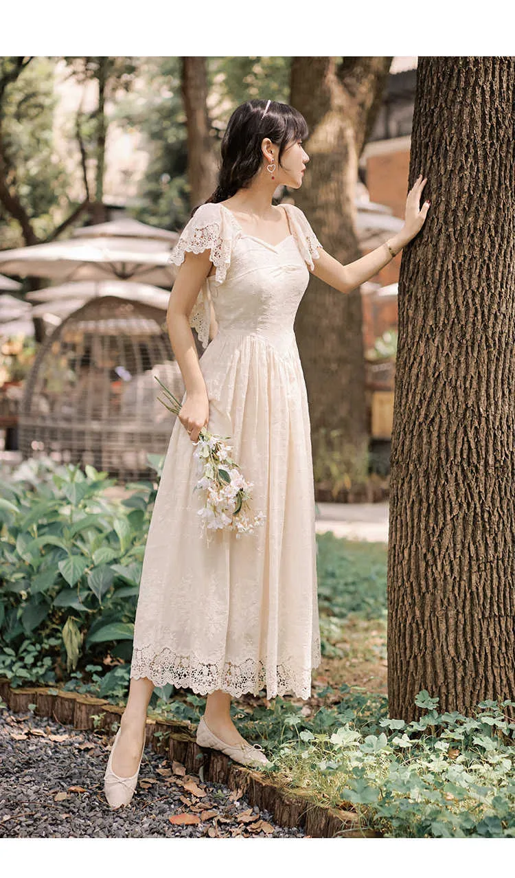ワンピース Cecily check long dress color beige Elegant Beige Lace Ankle Length Dress: A Womens Long Tunic