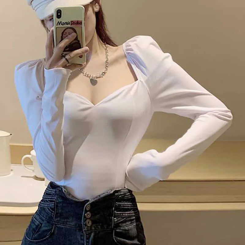 Blusa Spring Korean Office White Blouse Shirt Women Square Collar Short Sexy Tops Vintage Puff Sleeve Black Shirts 12605 210527