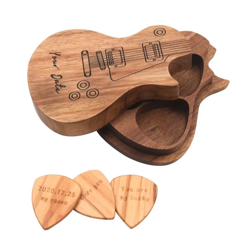 Newgift Wrap Guitar Picks Houten Pick Doos Houder Collector Met 3 stks Hout Mediator Accessoires Onderdelen Tool Muziek Geschenken EWD7548