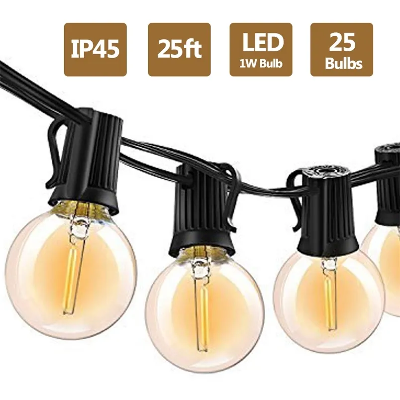 G40 LED Dize Işıkları 25ft 25 adet Vintage LED Ampul 1 W 2700 K IP45 Backdyard Veranda Işıkları için Su Geçirmez Kapalı Açık Işık Dize 211104