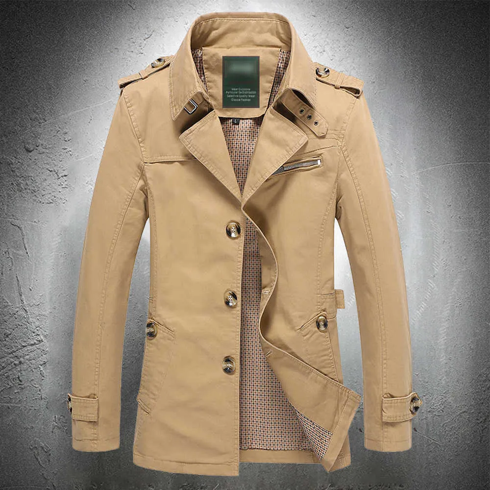 Printemps Automne Smart Casual Business Trench-Coat Simple Poitrine Mince Col Rabattu Veste Hommes Coton Manteau Léger Mince 211011