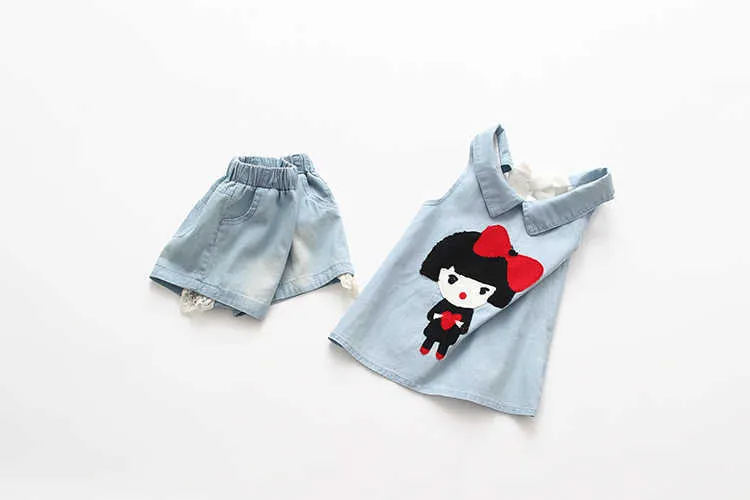 Girls Clothes Summer Casual 2-10 Years Old Kids Little Baby Cartoon Girl T Shirt+Shorts 2 Piece Lace Denim Blue Suit Set (15)