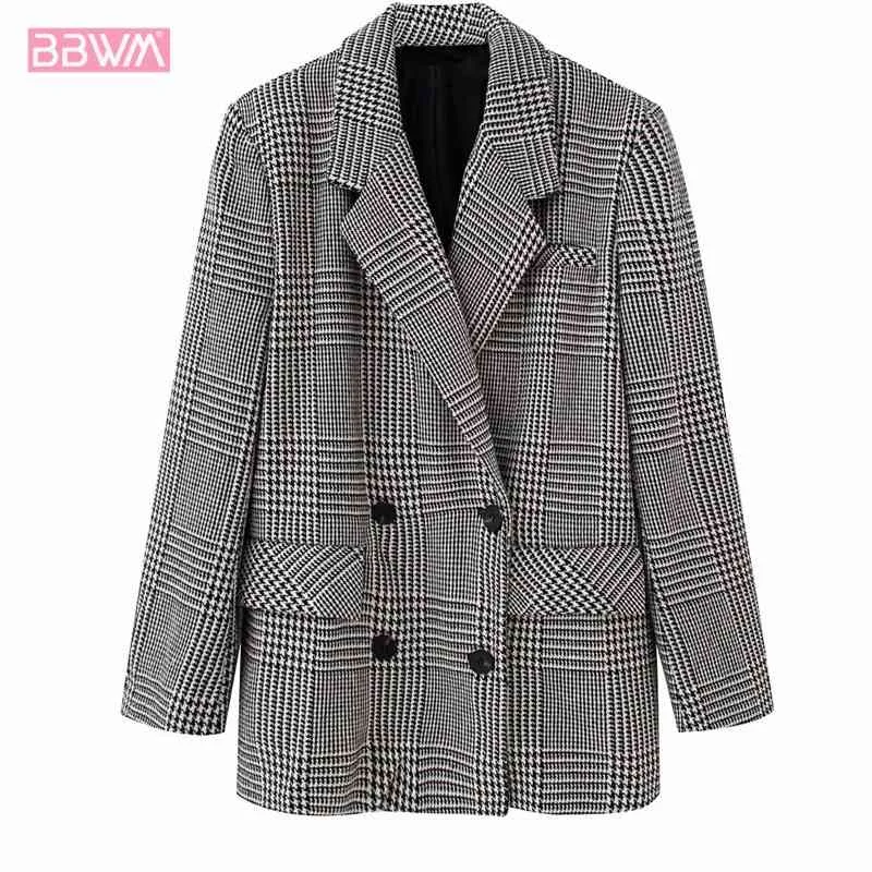 Double Breasted Lapel Long Sleeve Retro Houndstooth Casual Chic Female Jacket Harajuku Fashion and Western Style Women's Coat 210507