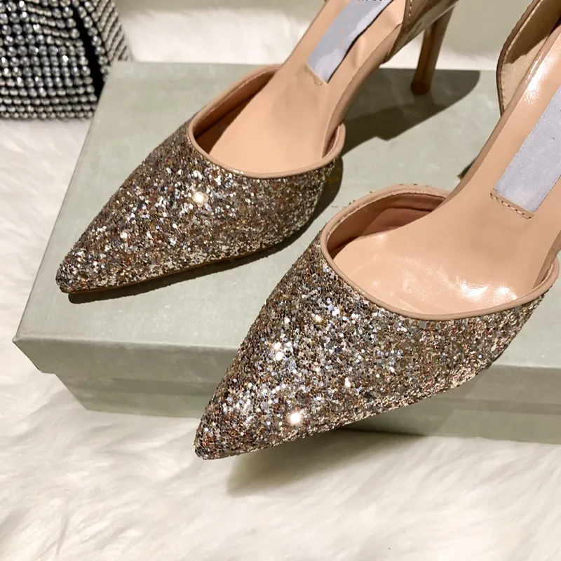 2021 high quality Designer Party Wedding Shoes Bride Women Ladies Sandals Fashion Sexy Dress Pointed Toe Heels Leather Glitter Size 35-40