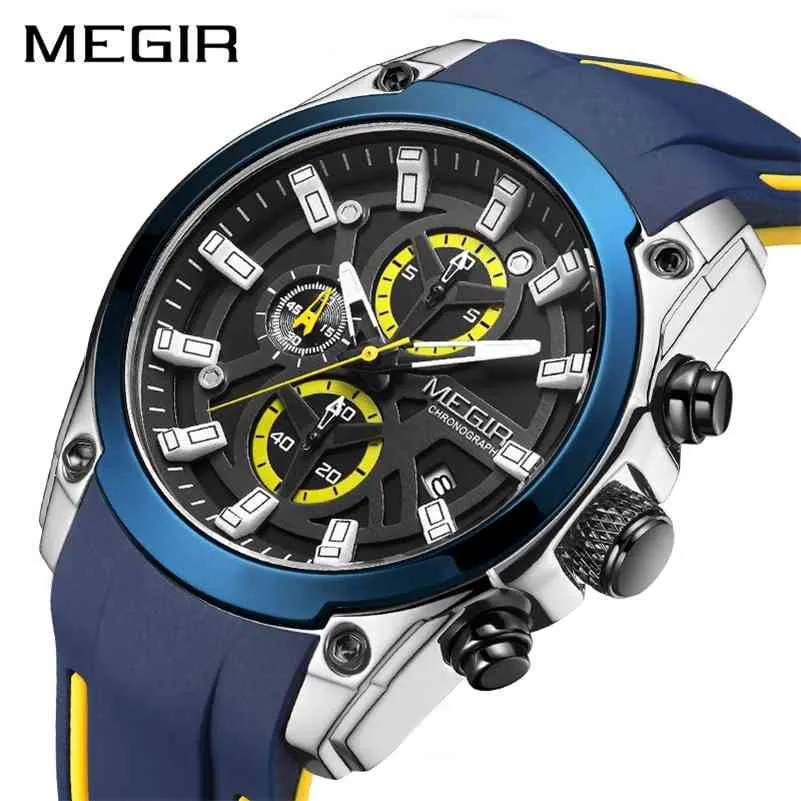 MEGIR Bleu Sport Montres pour Hommes Top Marque De Luxe Chronographe Homme Montre Militaire Quartz Horloges Lumineux Relogio Masculino 210329
