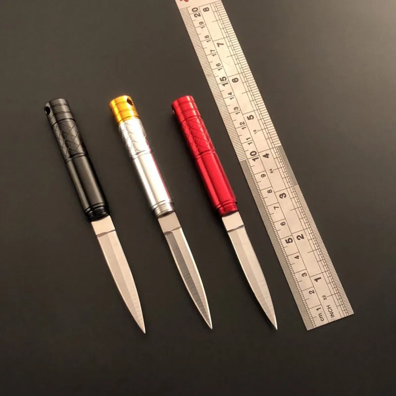 Mini-tre-sektion Multifunktionskniv Rostfritt stål Utomhus campingficka för överlevande raka knivar Pen Canister Keyring Packing Portable Tool HW522