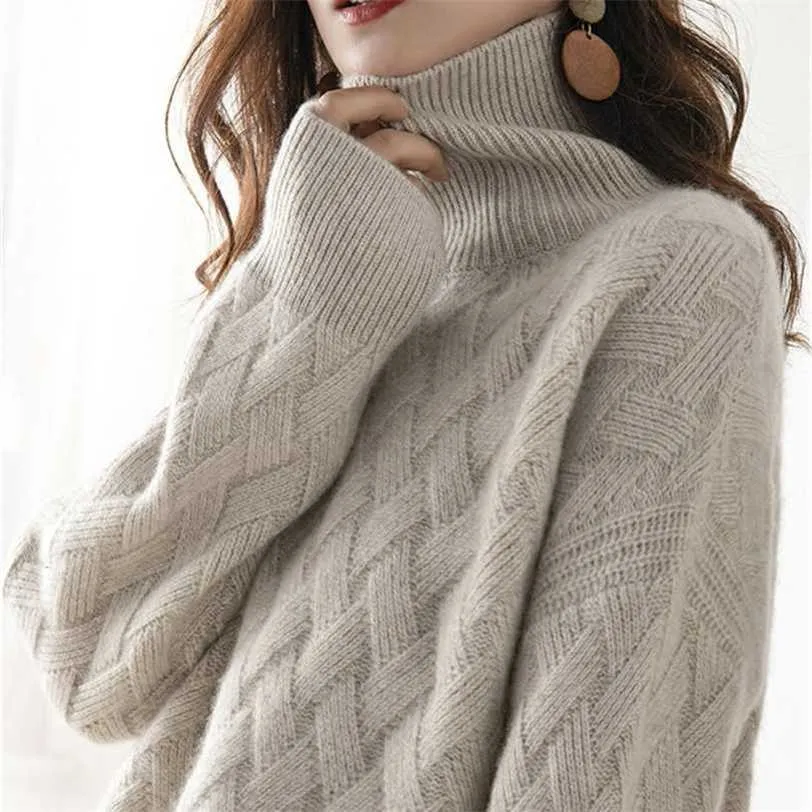 Automne et hiver Turtleneck Cashmere Sweater Femme Style Languée Breeze Lâche épaisse Pull Sous-couche laine 211217