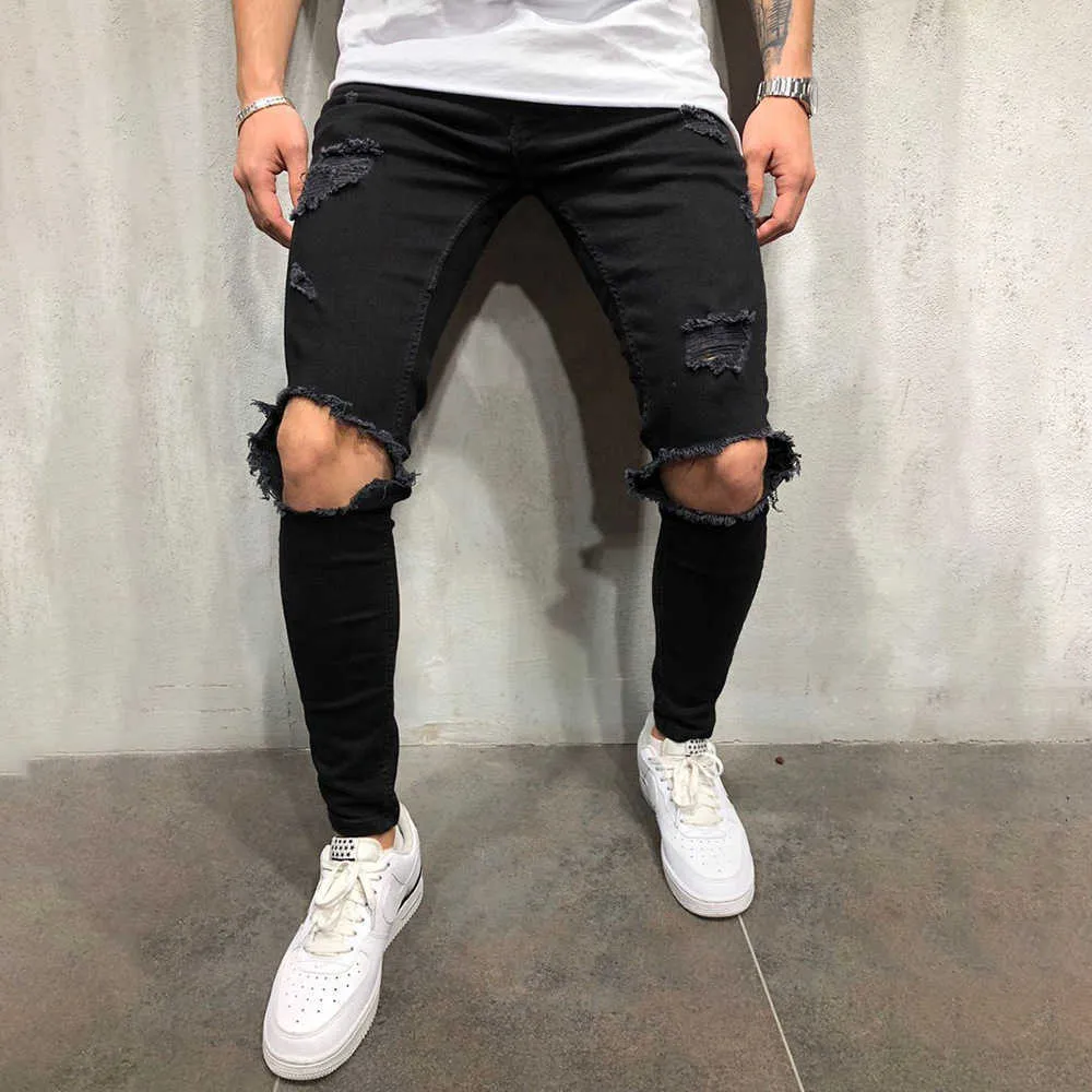High Streetwear Men Knee with Holes Decor Black Jeans with Zipper Slim Fit Elasticity Skinny Ripped Pants Forward Men's Jeans221Z