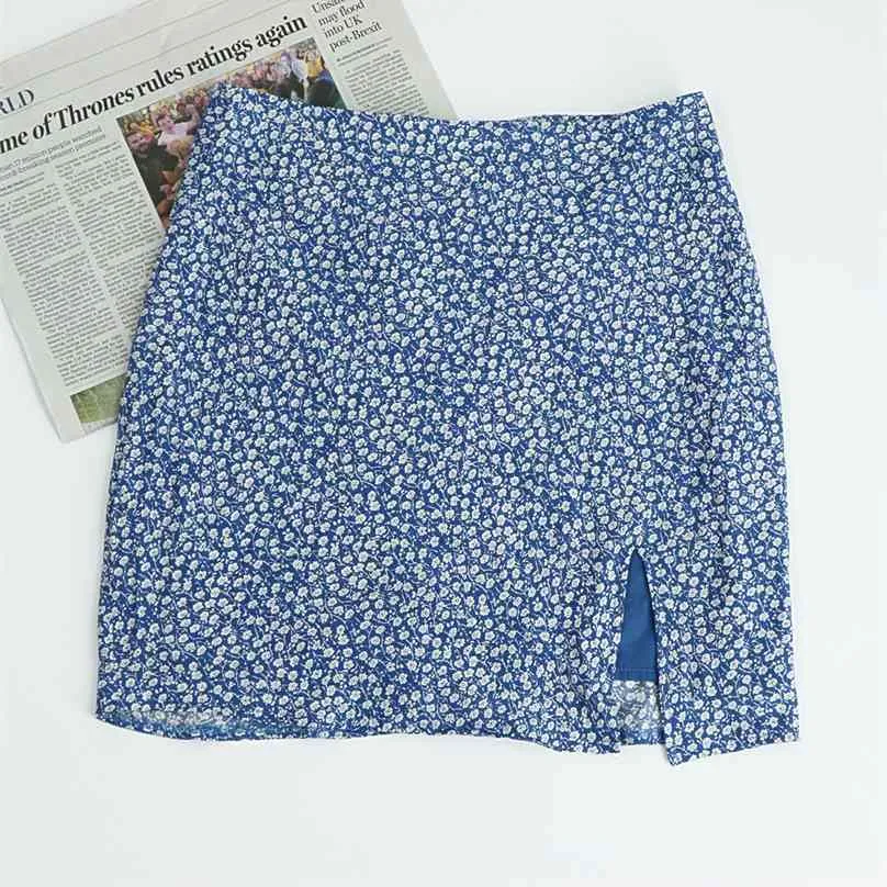 Sexy taille haute une ligne jupes d'impression florale vintage tartan bleu femmes jupe courte slim rétro sexy jupe 210520