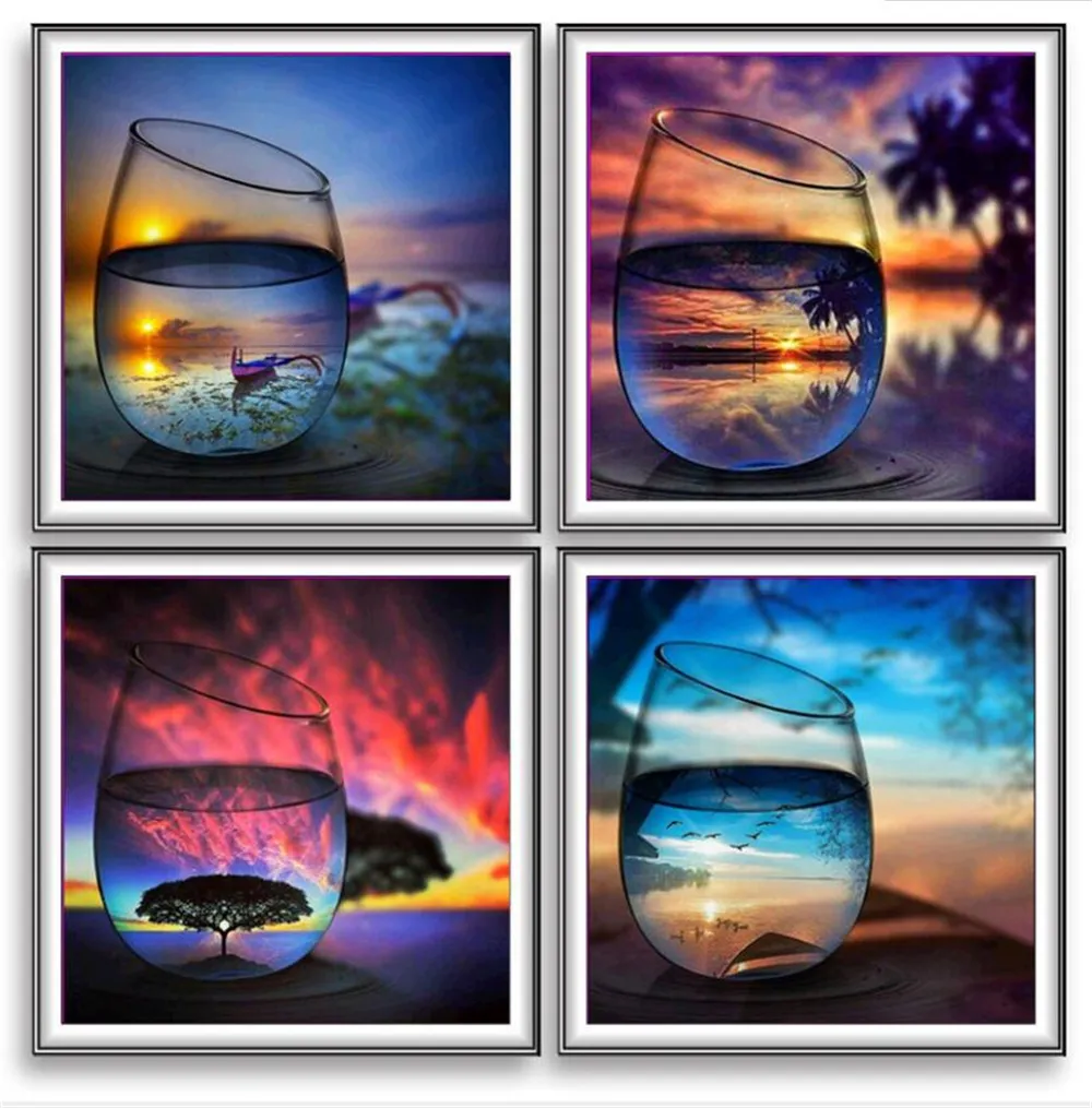 5D Diamond Painting Kits Beginner Wine Glasses Sea Landscape Full Drill Drawing Paint by numbers 9.8*9.8 inches