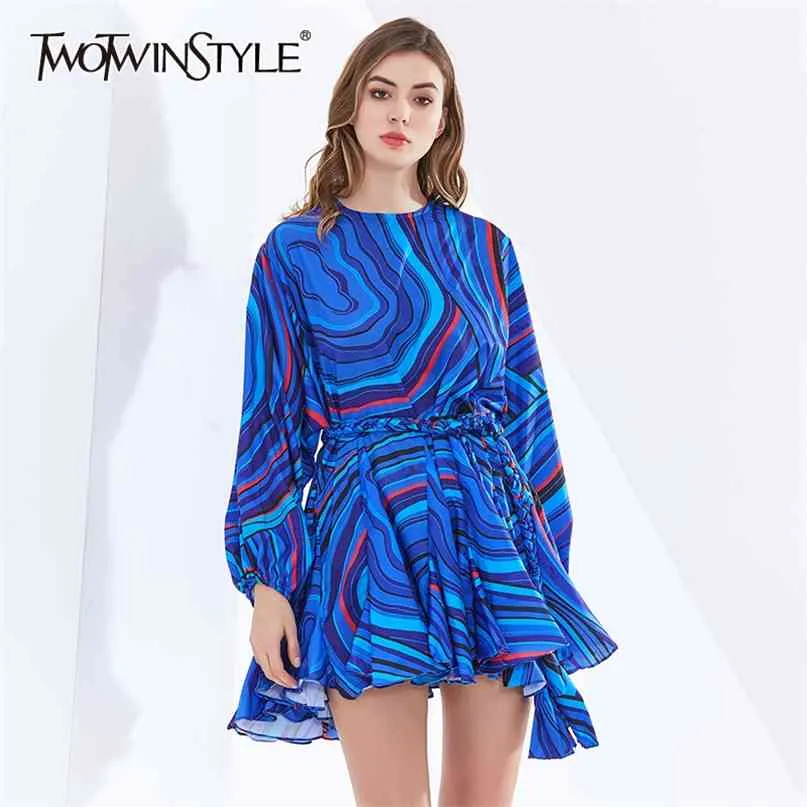 Bohemian Printed Women's Dress O Neck Long Sleeve High Waist Hit Color Dresses Female Clothing Fashion 210520