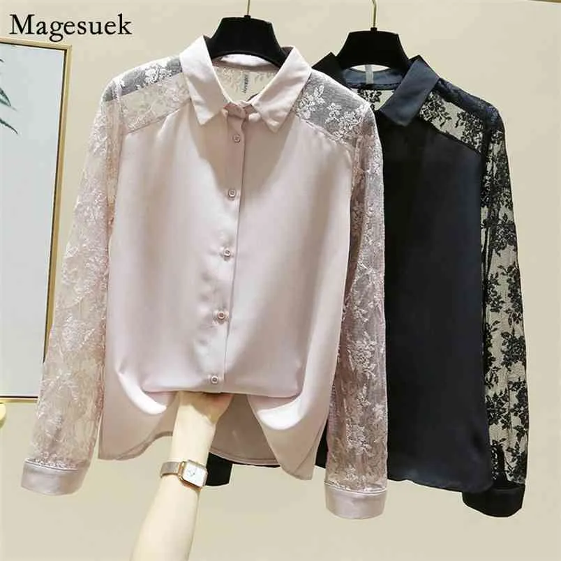 Herbst Elegante Chiffon Bluse Langarm Vintage Button Up Rosa Hemd Tops Spitze Gespleißt Floral Blusen Frauen Casual 11923 210512