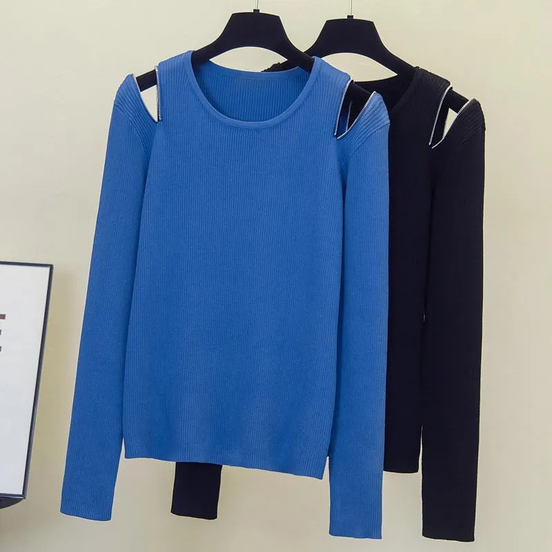 Women's Sweaters Autumn 2021 Large Blue Knitted Off Shoulder Top Fashion Long Sleeve Pullover Sweater