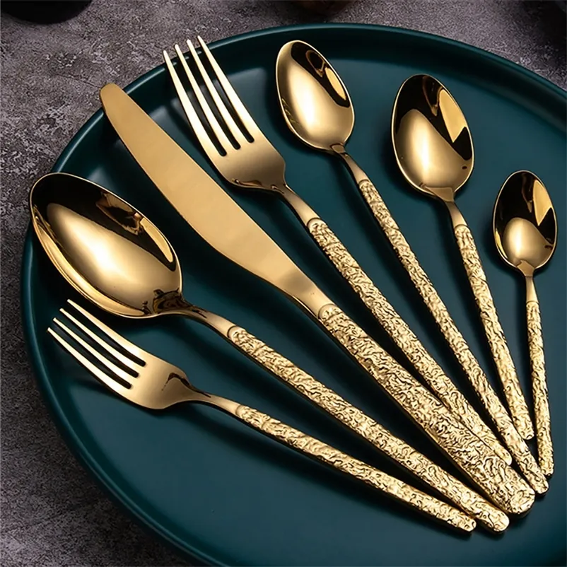 7 Piece Cutlery Set Retro Stainless Steel Knife and Fork Spoon Tableware for Home/Office/Party/Camping 210317