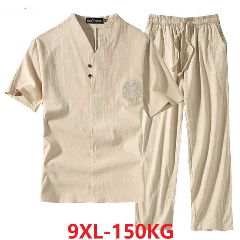 Roupas masculinas Grande tamanho de tracksuit marido 2020 terno de verão t-shirt de moda masculino conjunto chinês estilo 8xl 9xl mais duas peças x0610