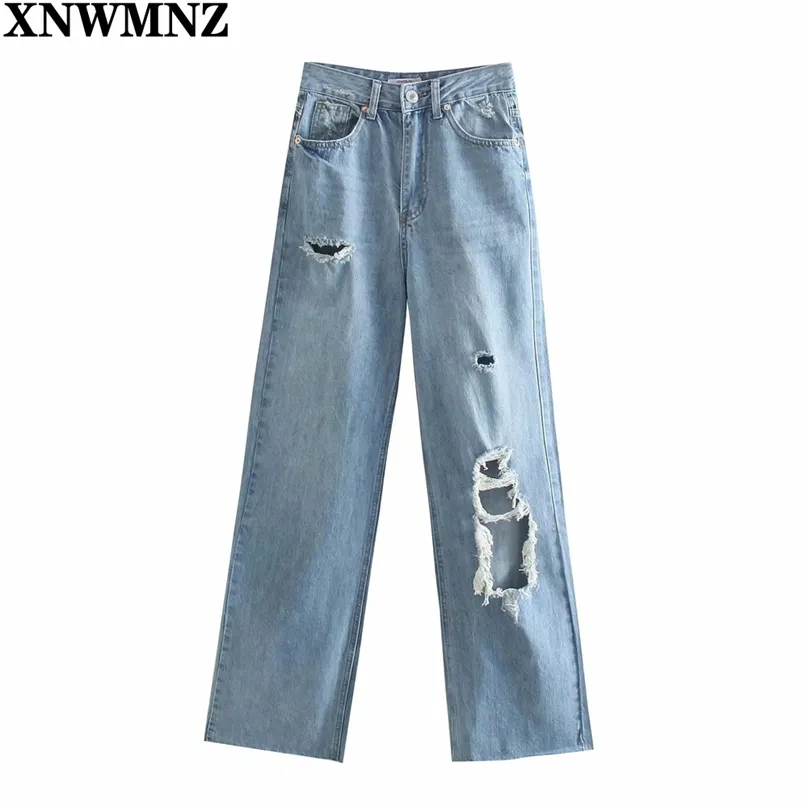 Wome Fashion Wide-Ben Ripped Jeans Kvinna Chic High-Waisted Pockts Knapp Zip Fly Full Length Pants Lady Trousers 210520