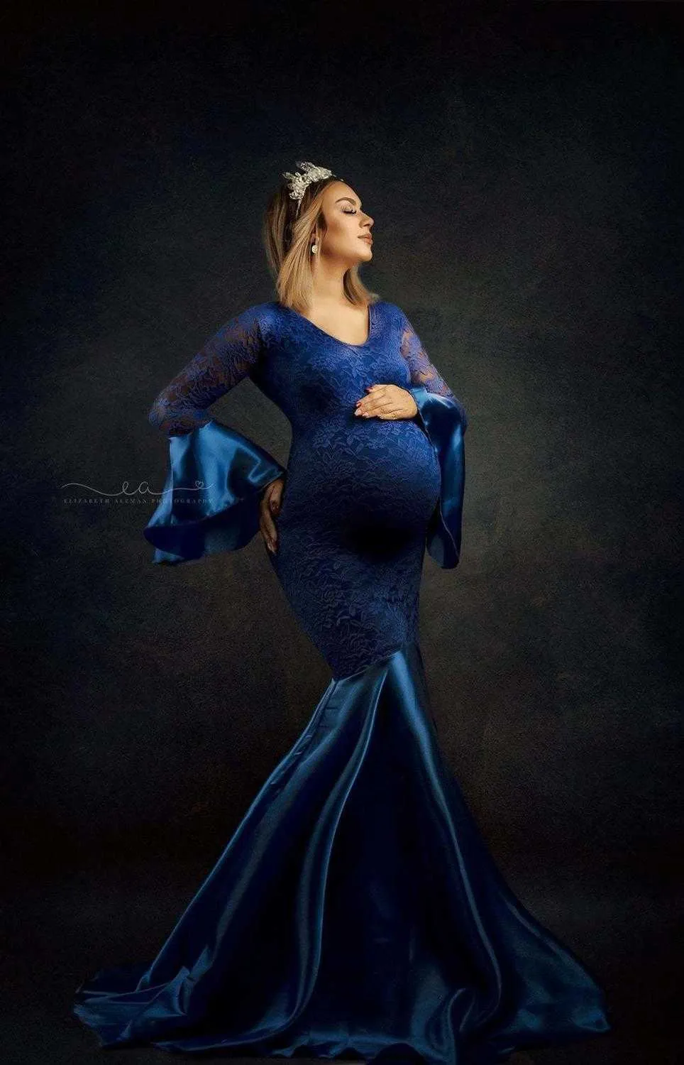 blue lace maternity dress for photoshoot Shop Baby Blue Maternity Photoshoot Dress with long trail main image 0