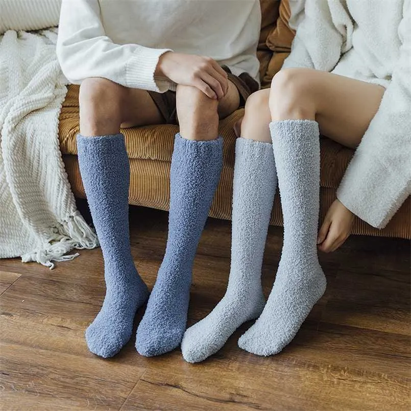 Solid Coral Fleece Long Socks Unisex Thick Warm Stockings Women Men High Knee Socks Leg Winter Floor Calcetines 211204