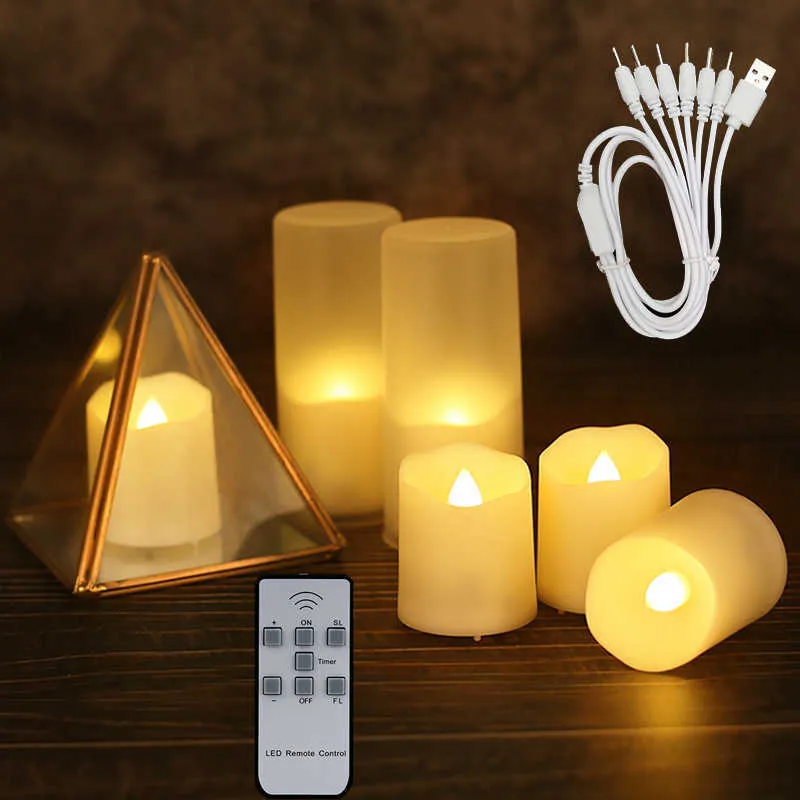 6PCS Flammenlose flackernde USB wiederaufladbare LED-Kerze mit Fernbedienung und Timer-Teelicht für Halloween-Weihnachtsdekoration 210702