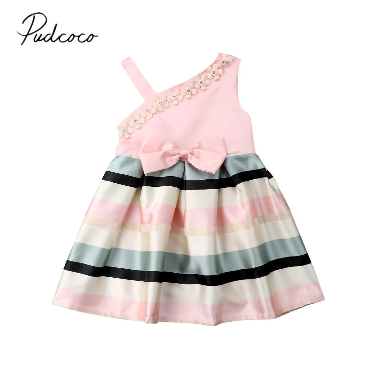 2019 Brand New Princess Niemowlę Kid Baby Girl Formalna Dress One Shoulder Bowknot Pearl Floral Paski Kolor Różowa Dresy Line 3-9y Q0716