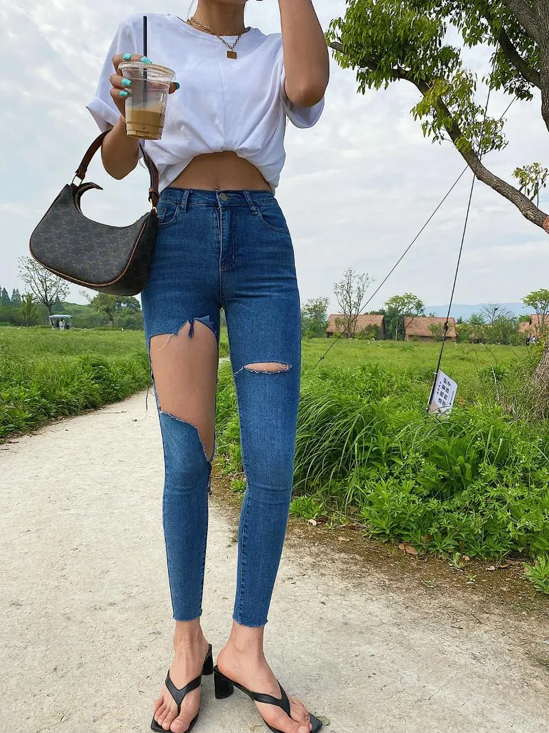 Frauen Jeans Herbst WOMANGAGA Hohe Taille Durchbohrt Für Frauen Enge Dünne Hosen Denim Dünne Loch Bleistift Hosen Sexy Koreanische 8UDC