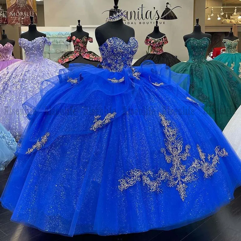 الفاخرة الملكي الأزرق quinceanera فساتين الكرة ثوب الترتر الدانتيل زائد حجم المكسيكي 15 سنة ستة عشر الأميرة الحلو 16 فاق اللباس