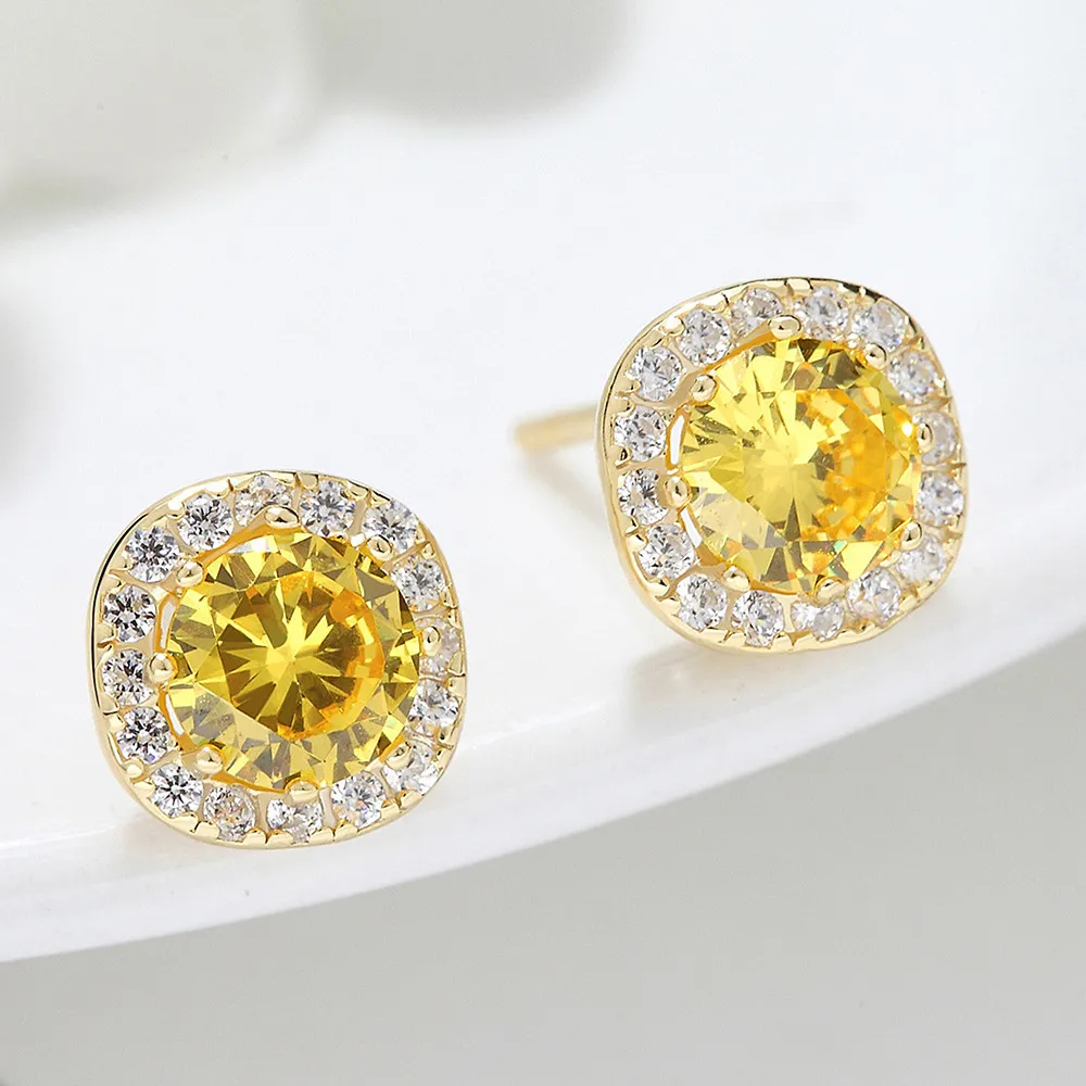 Fashion citrine yellow crystal zircon diamonds gemstones stud earrings for women 14k gold color jewelry bijoux party accessories