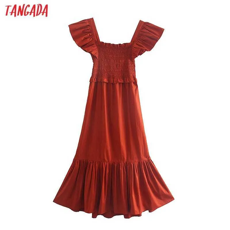 Tangada Summerの女性の赤い背中の背景のない弓RufflesドレスのためのビーチレディースSundress 2W99 210609