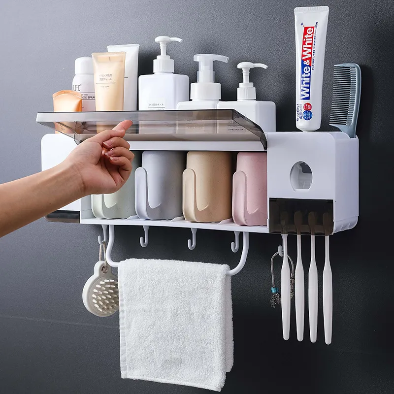 Wall Mount Toothbrush Holder With Cup Automatic Toothpaste Dispenser Toiletries Dust-proof Storage Rack Bathroom Accessories Set 210322