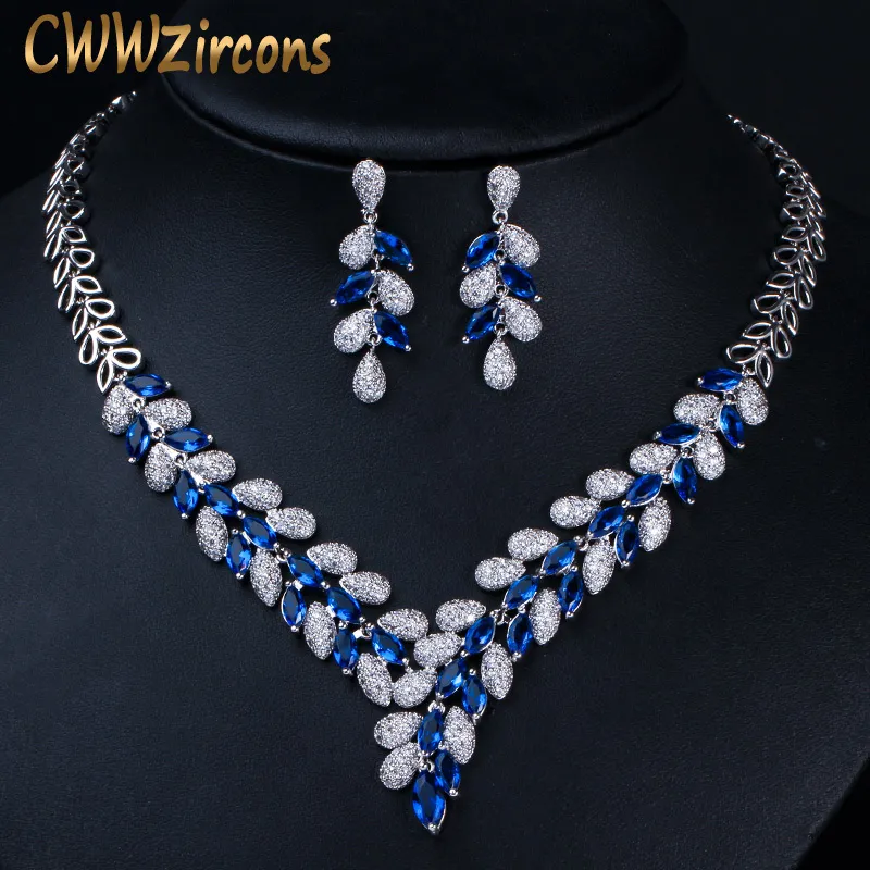 CWWZircons Luxury White Gold Color Royal Blue CZ Stone Wedding Necklace Earrings Jewelry Sets Bridal Dress Accessories T315 210323