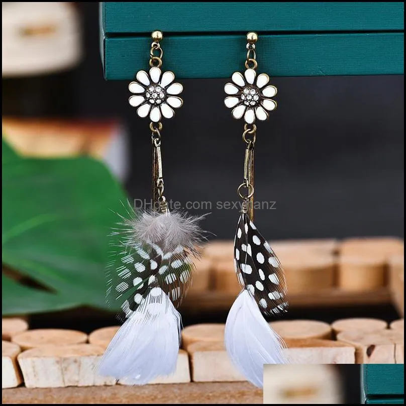 Bohemian Sunflower Feather Dangle Earrings European Women Long Diamond Flower Ear Drop Party Gift Beach Stud Earring Jewelry Accessories