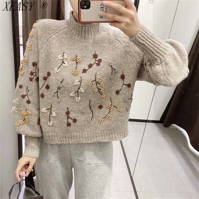 Dames Vintage Koreaanse lange mouw Pullover Chic Flowers Beaded Mode Harajuku Gebreide trui houdt warme herfst en winter 211218