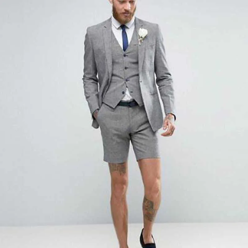 2019 Light Grey Shorts Summer Elegant Men's Suit (Jacket +Pants+Vest) Casual Groom Tuxedo Beach Wedding Suits Best Man Blazer X0909