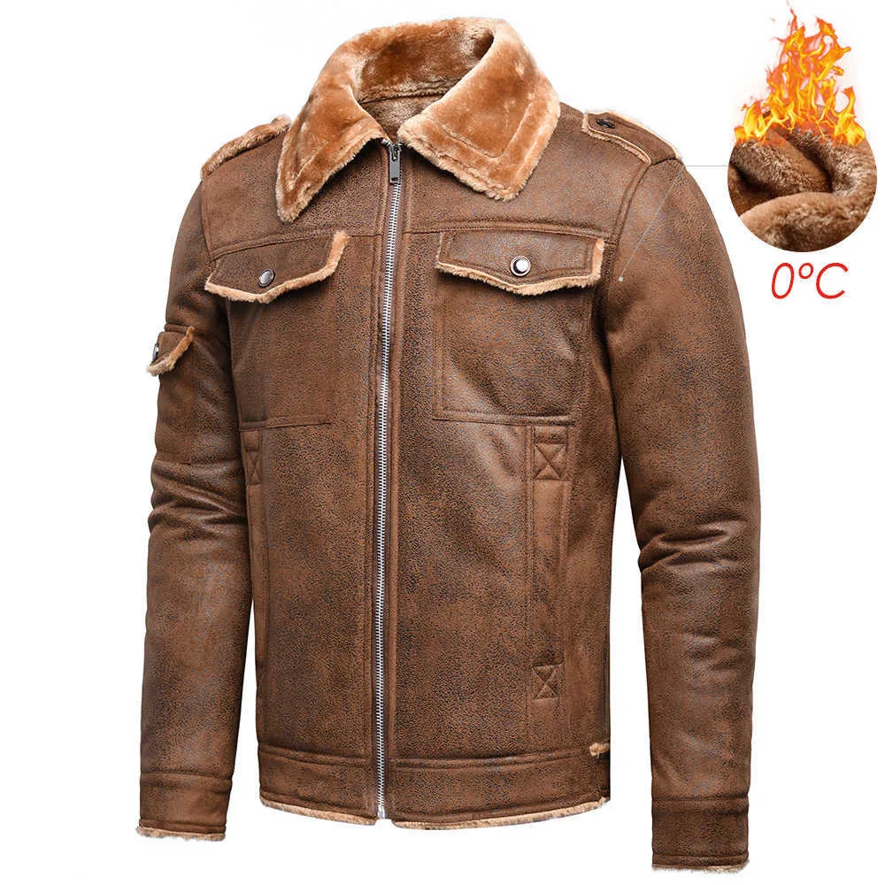 Men Winter Autumn Vintage Classic Pockets Thick Warm Fleece Leather Jacket Coat Men Casual Motor Faux Pu Leather Jacket 4XL 211018