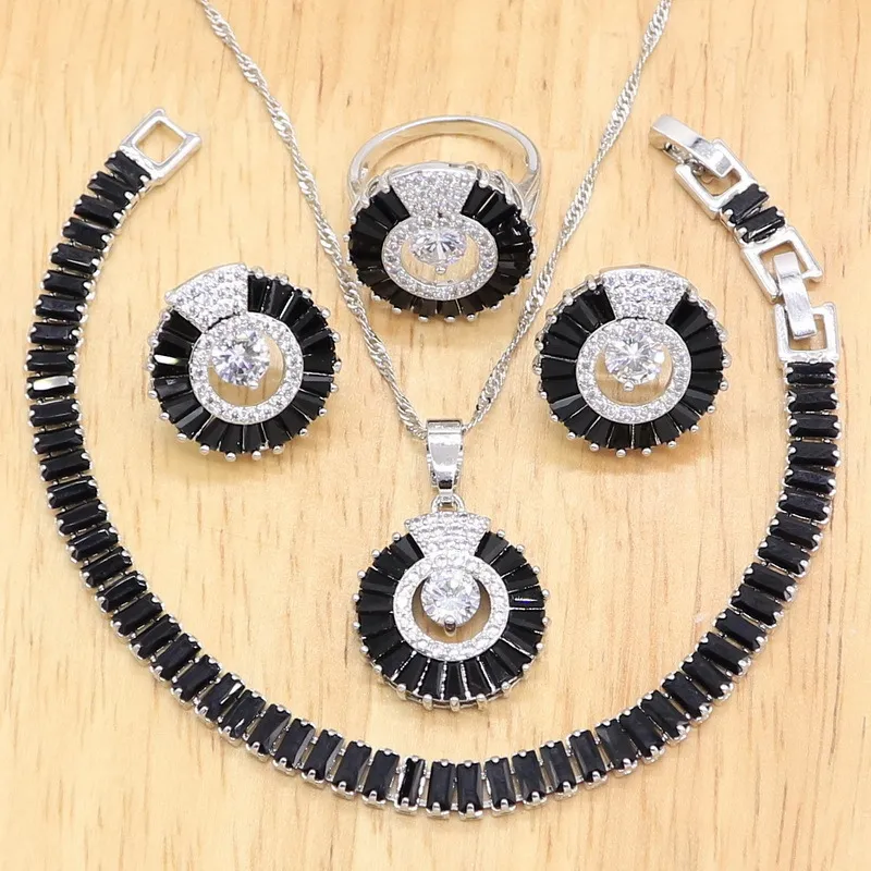 2021 estilo preto semiprecioso cor prata conjuntos de jóias para mulheres colar de casamento brincos pendentes anel pulseira caixa de presente