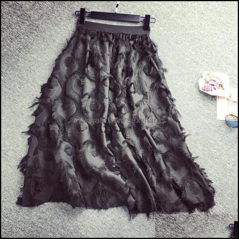 Skirts Feather Pattern Tassels High Waist Skirt Basis Temperament Show Lanky Half-body Woman 2021 Chiffon