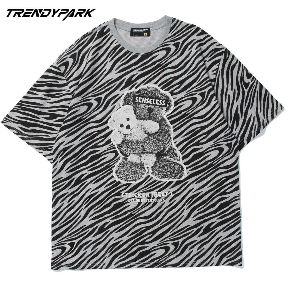 T-shirt dos homens Zebra Stripe Bear Impresso Verão Verão Manga Curta Hip Hop Oversize Algodão Casual Harajuku Streetwear Top T-shirts 210601