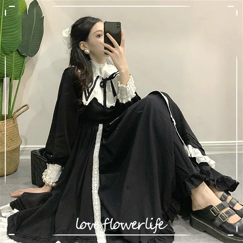 Svart vintage klänning kvinnor fransk elegant gotisk lolita klänning kvinnlig spets långärmad stativ kväll fest klänning korea höst 210521
