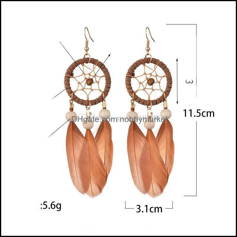 jewelry Women Faux Feather Earrings Bohemian Fringe Tassel Long Drop Dangle Earrings Set with Dream Catcher Design for Women Girls